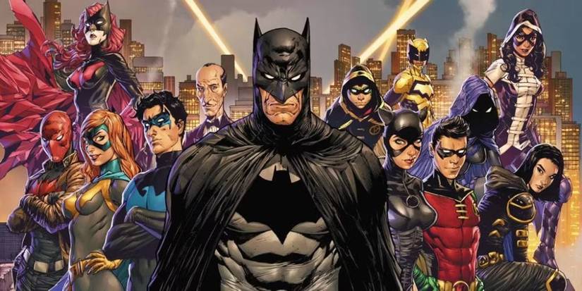 Batman con la bat-family sullo sfondo