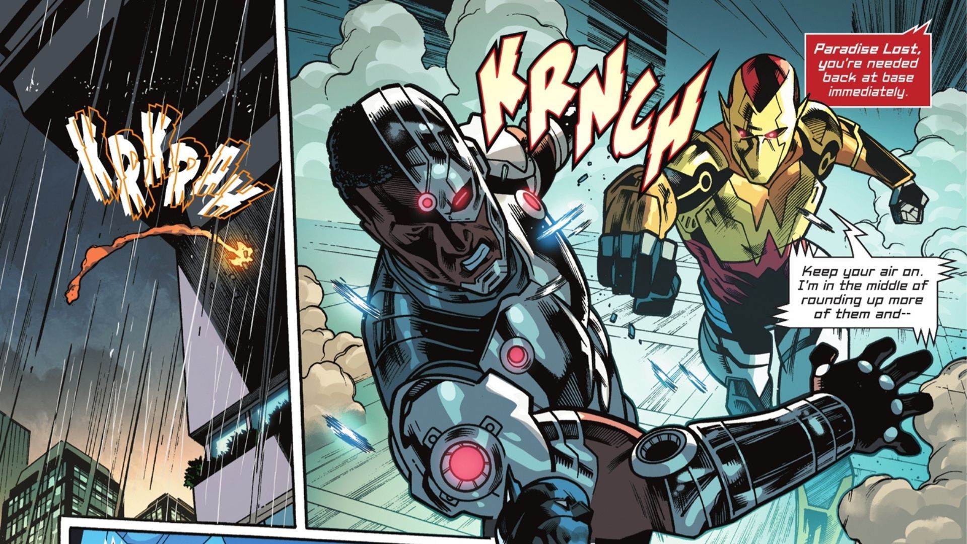 Panel de cómic: Amazo Paradise Lost golpea a Cyborg.