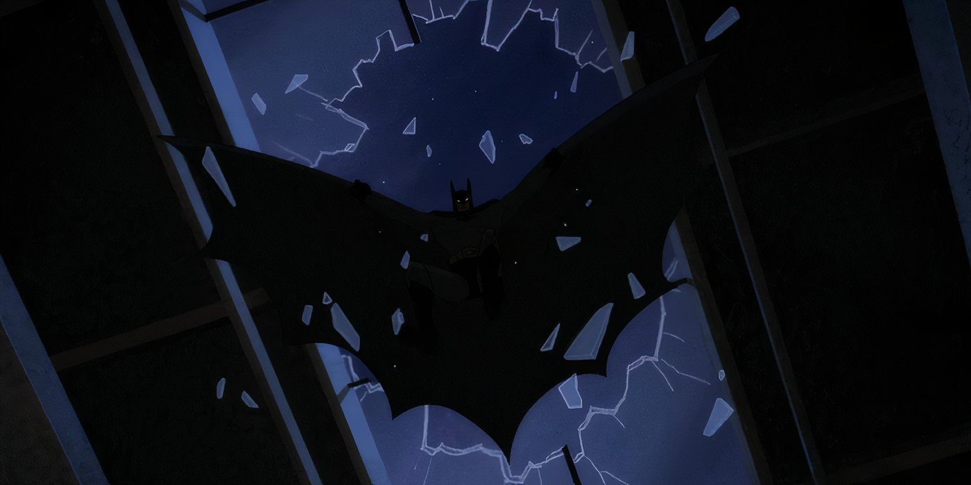 Batman smashes through a window from above in Batman_ Caped Crusader