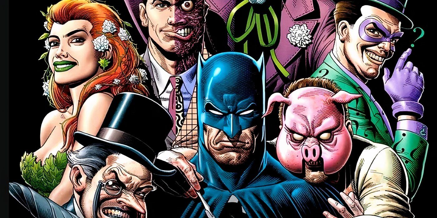 Arte cómico: Batman en medio de una pandilla de delincuentes de Gotham.