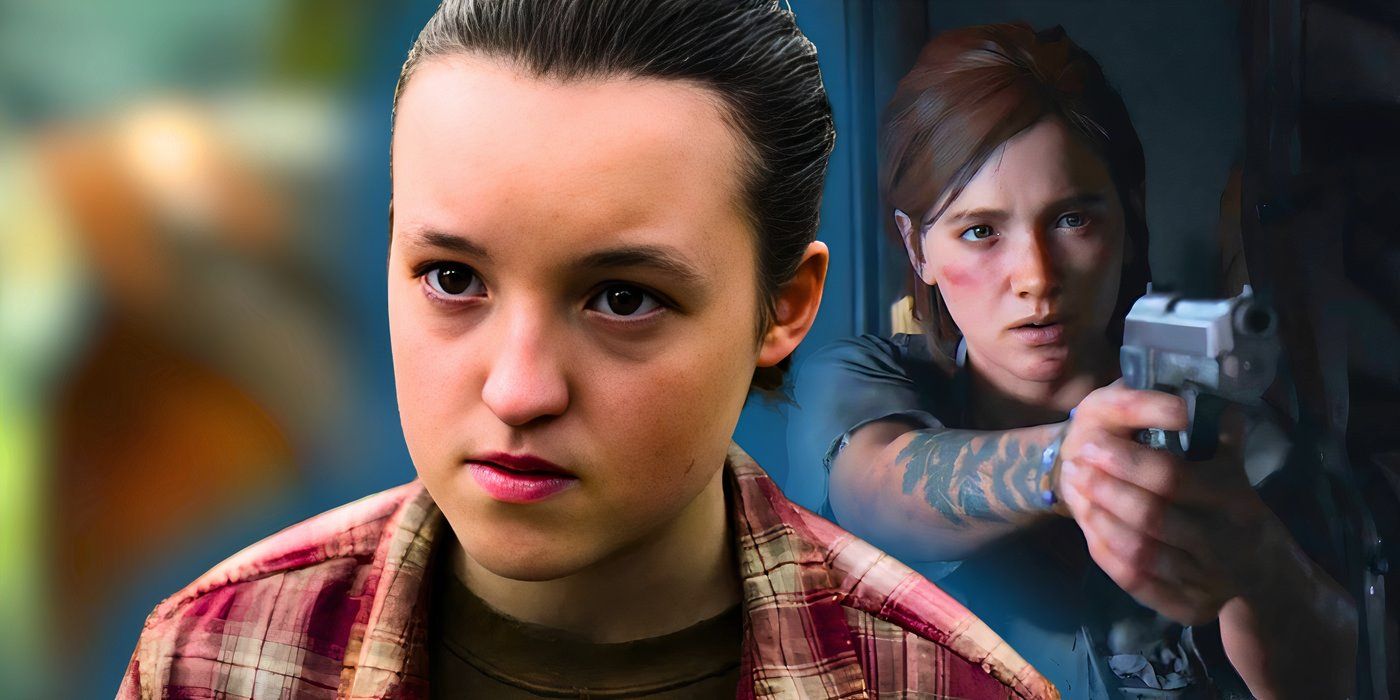 Bella Ramsey as Ellie looking serious in The Last of Us season 1 with Ellie (Ashley Johnson) leveling a gun in The Last of Us 2