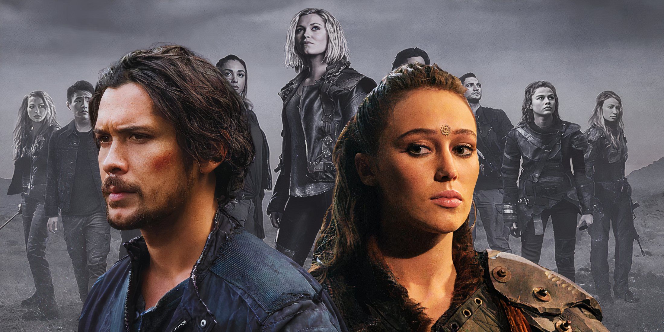 A composite image features closeups of Bellamy and Lexa over The 100 cast