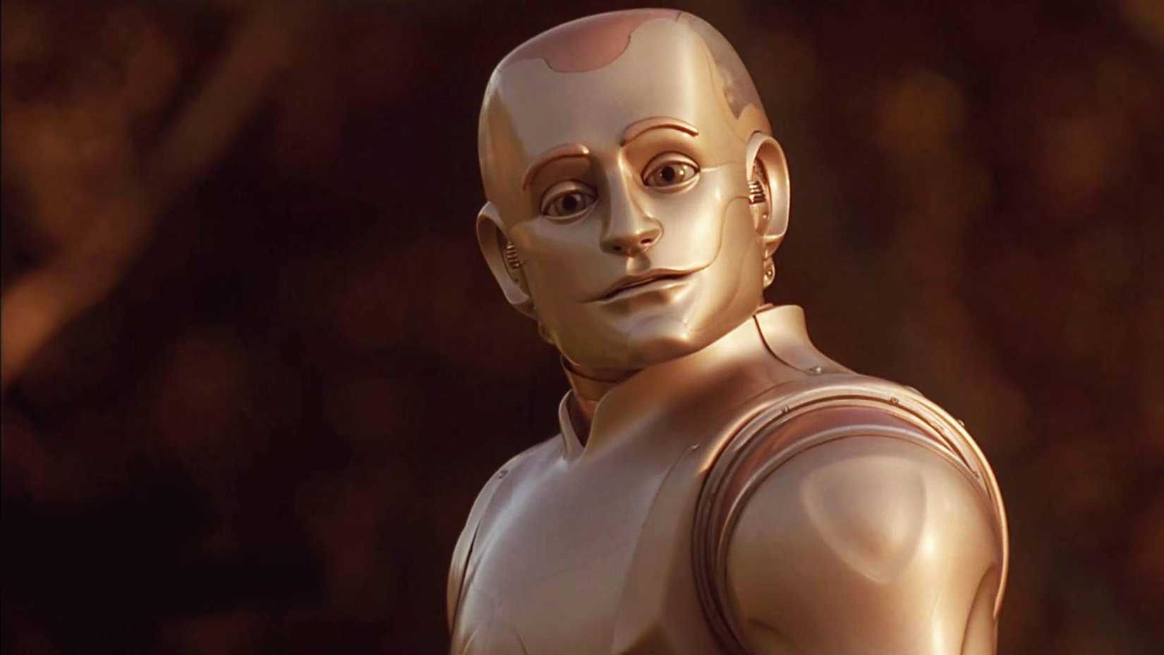 Robin Williams looks toward the screen in Bicentennial Man