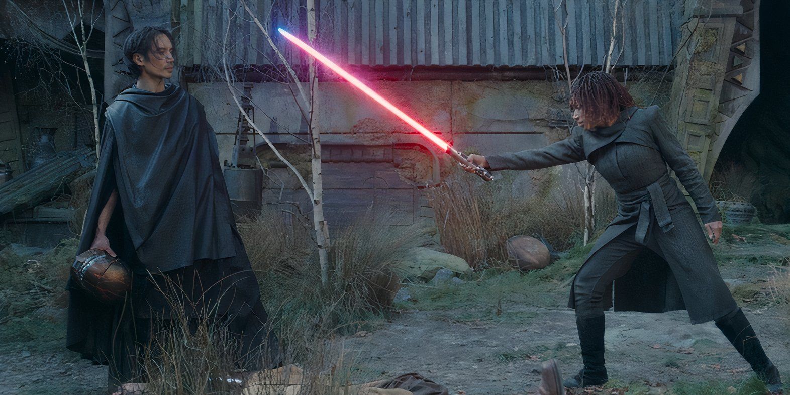 Sol's lightsaber turns from blue to red in Osha's hands as she points it at the Stranger in The Acolyte episode 8