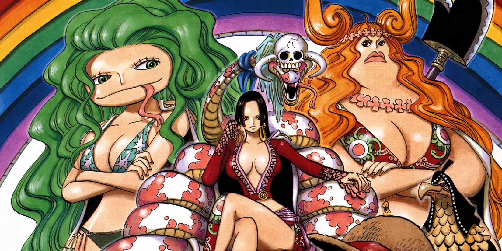 Boa hancock and her sisters as seen in the key visual for the amazon lily arc in one piece's manga