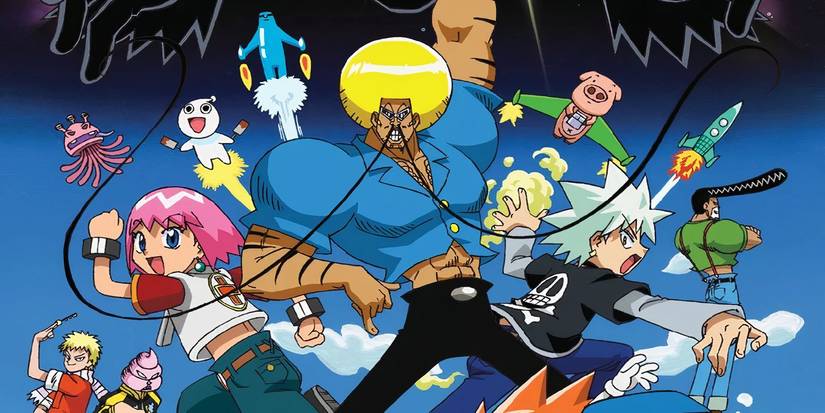 The main visual for Bobobo-bo Bo-bobo depicting the main cast smiling as hijinks ensue around them.