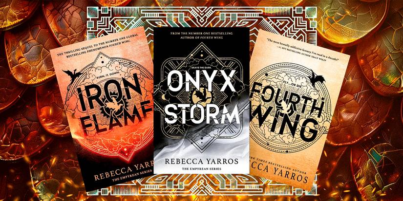 Confirmation, Story & Everything We Know 1 The covers of Iron Flame, Onyx Storm, and Fourth Wing by Rebecca Yarros against a flaming background