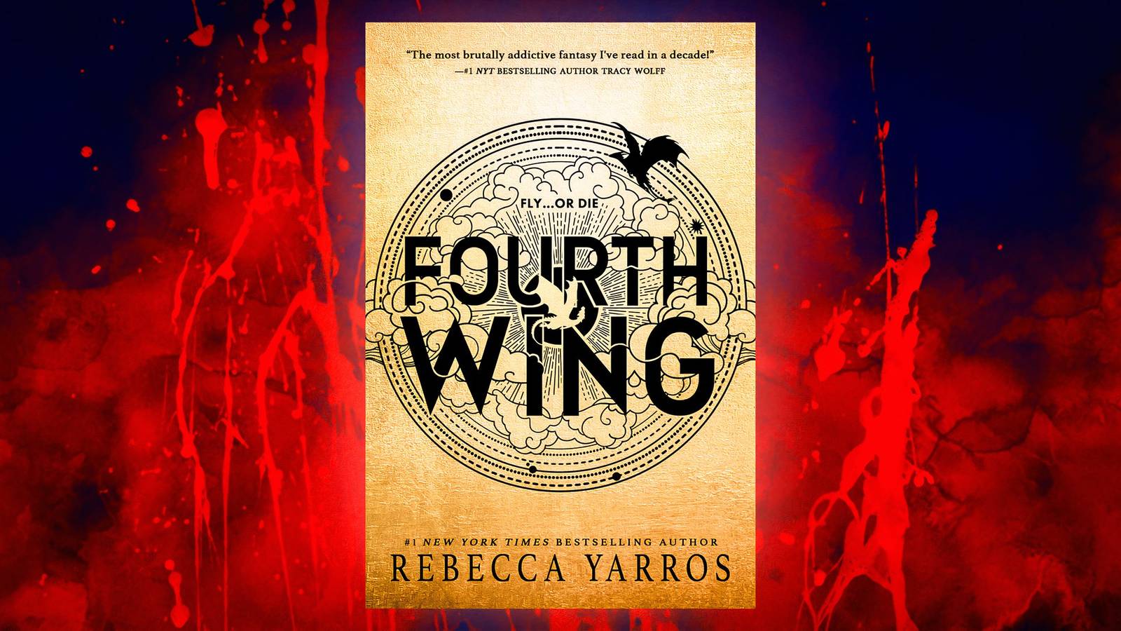 A custom image of Fourth Wing's cover with a bloody background.