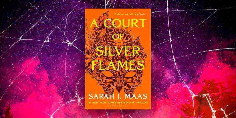 Настраиваемое изображение обложки книги "A Court Of Silver Flames" Сары Дж. Маас с фиолетовым небом и трещинами вокруг.