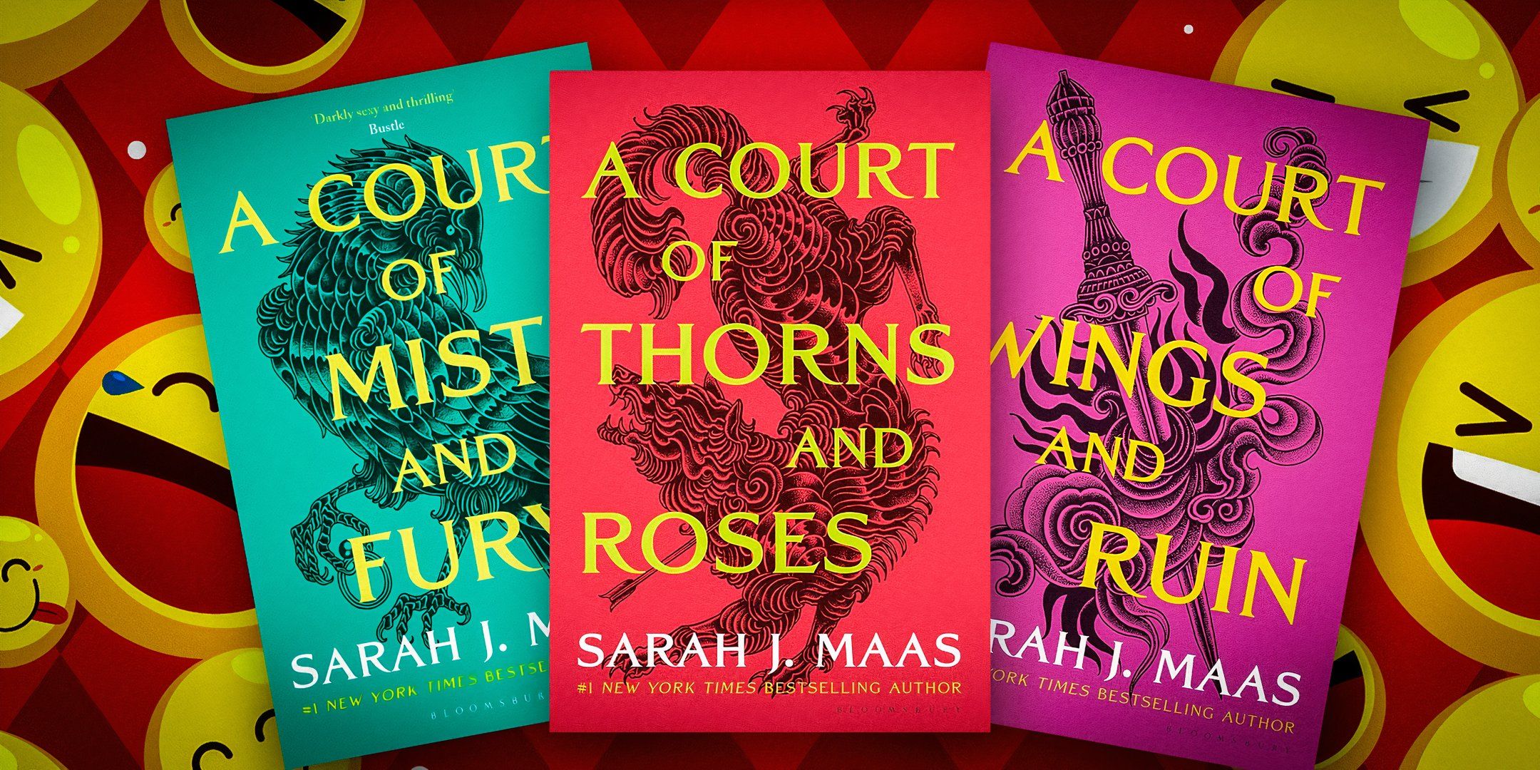 Обложки книг серии "Court of Thorns and Roses" Сары Дж. Маас на фоне смайликов