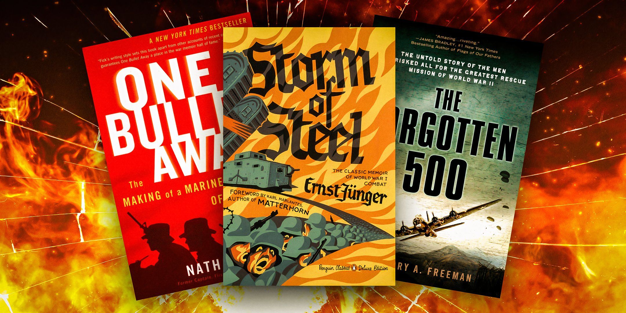 Book covers of One Bullet Away, Storm of Steel, and The Forgotten 500