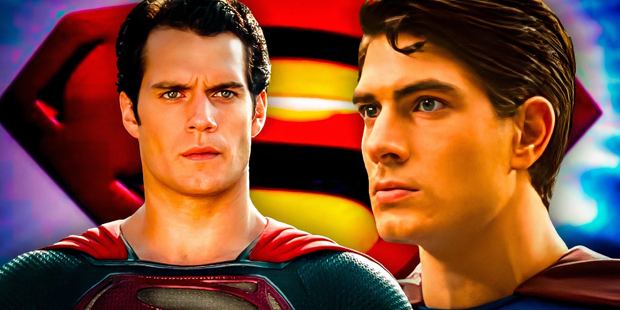Генри Кавил в роли Супермена в фильме "Man of Steel" (2013) рядом с Брендоном Раутом в роли Супермена в фильме "Superman Returns" (2006) с огромным логотипом Супермена на заднем плане