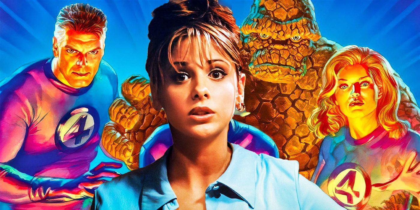 Live-action Buffy Summers (foreground) with comic book Fantastic Four in the background.