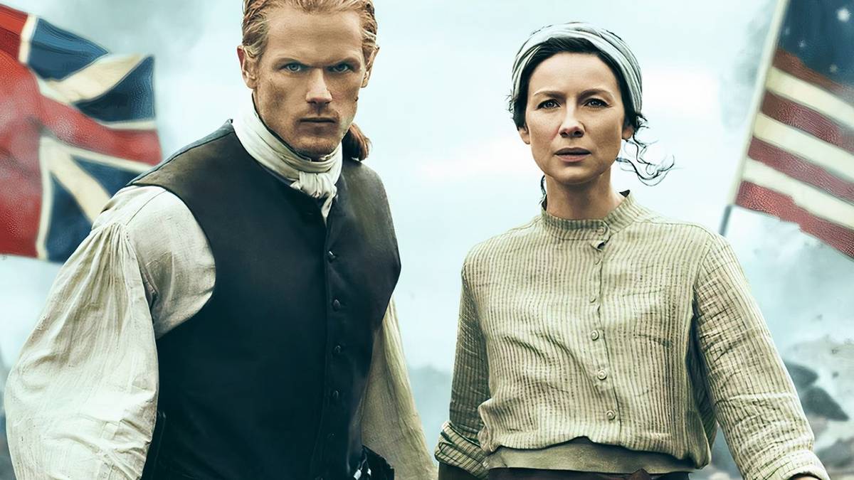 Caitríona Balfe as Claire Randall and Sam Heughan as Jamie Fraser in Outlander season 7 with American Revolution imagery behind them