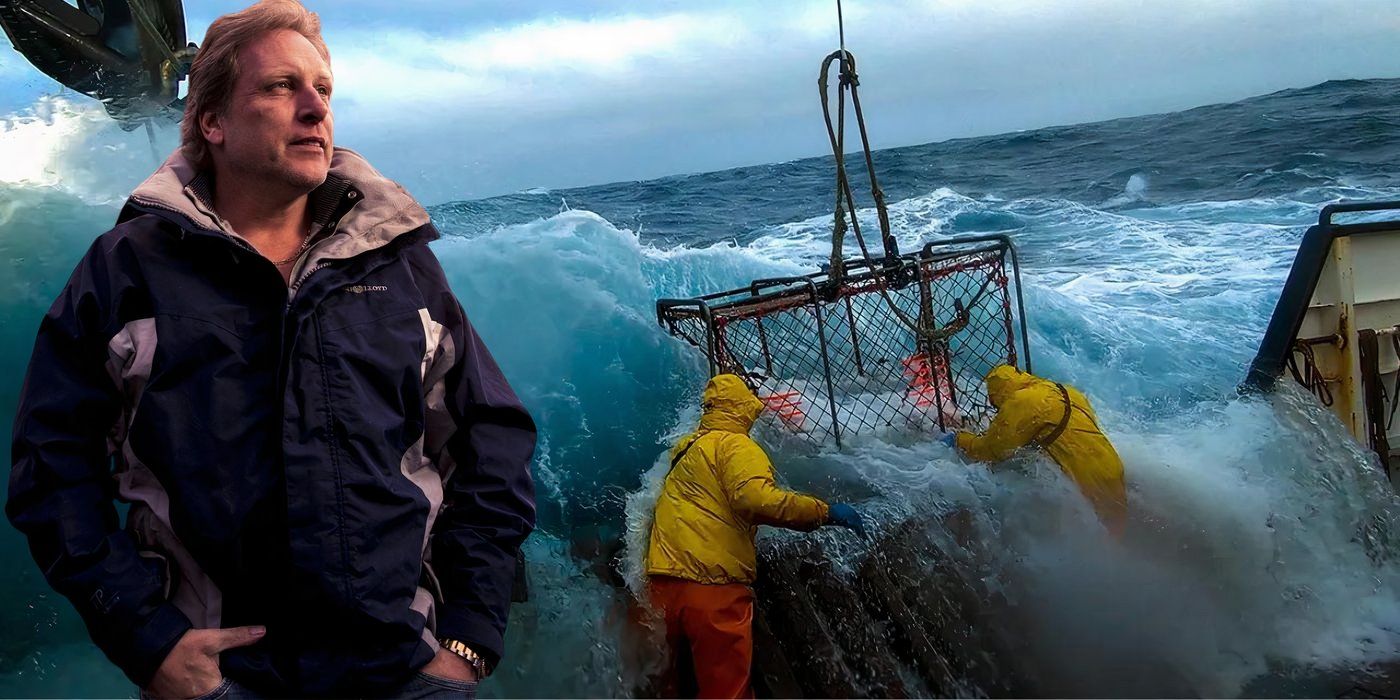 Collage of Captain Sig and the Deadliest Catch crew catching fish during a wave