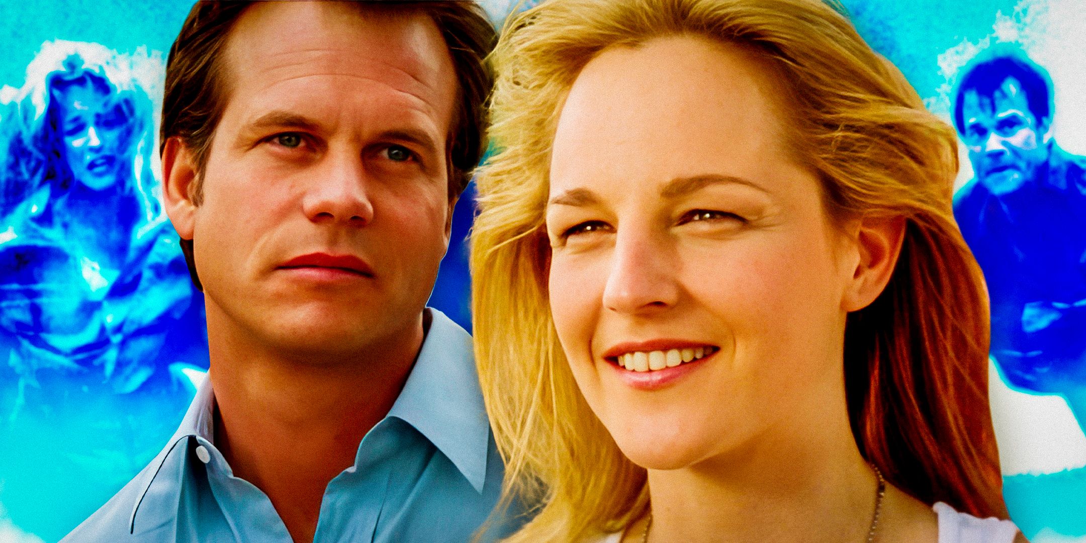 SR original image of Twister cast members Holly Hunt and Bill Paxton, side-by-side with images from the movie in a blue background behidn them 