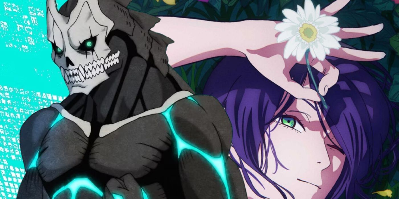 Резе из "Chainsaw Man" держит цветок перед лицом, а Кафка из "Kaiju no. 8" стоит с кулаком.