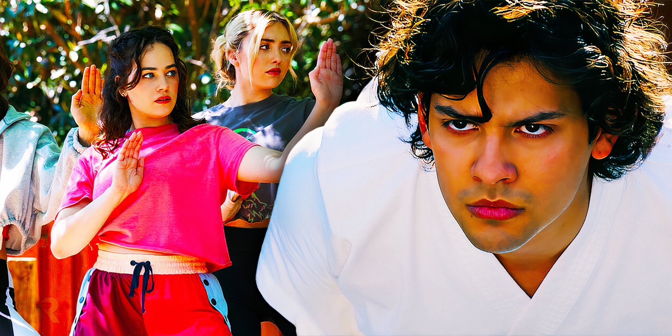 A blended image of the Cobra Kai cast in fighting modes