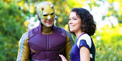 Daredevil and Jennifer Walters smiling in She-Hulk Attorney at Law