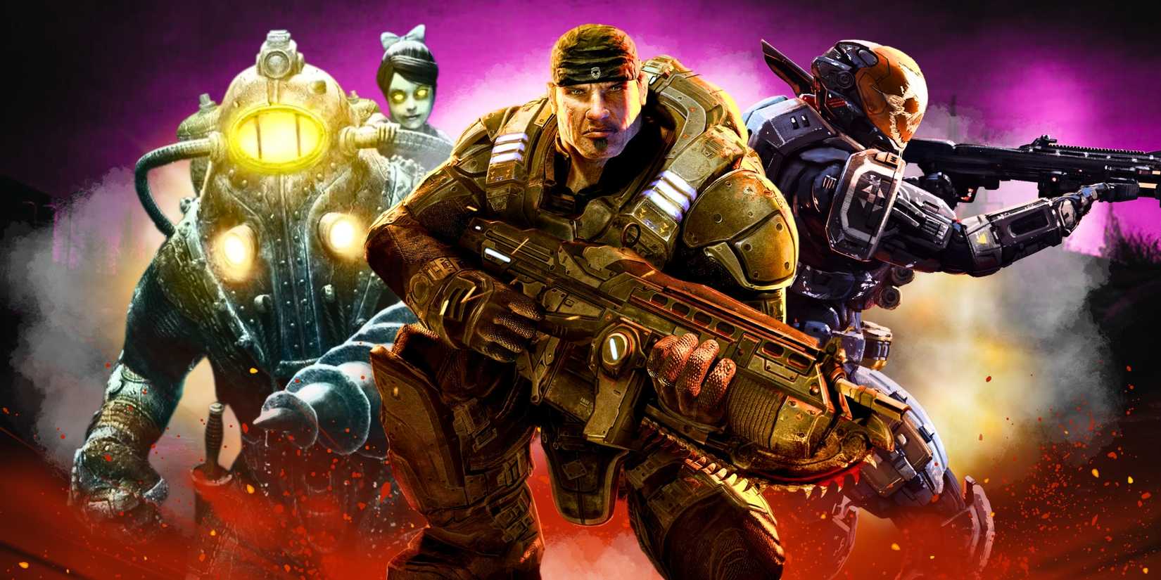 Marcus Fenix from Gears of War, a Big Daddy and Little Sister from BioShock, and Emile from Halo: Reach.