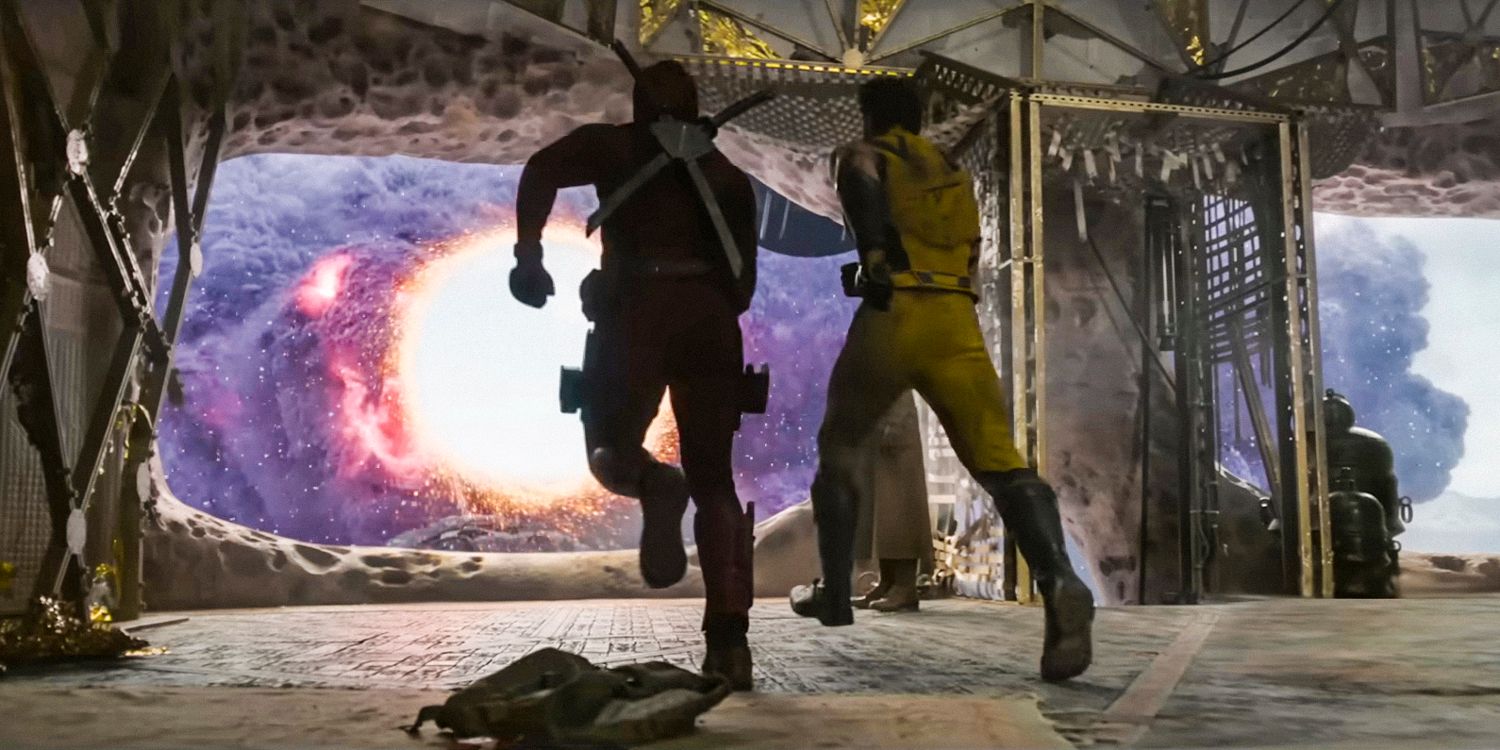 Deadpool and Wolverine running towards a portal in Deadpool & Wolverine