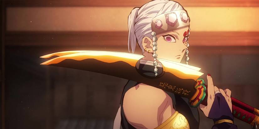 Tengen holds up his two Nichirin blades, which have an orange color to them.