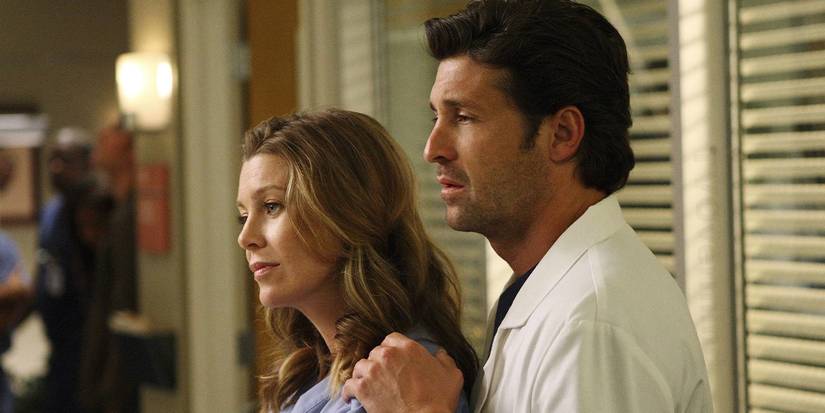 derek and meredith close to each other in the hospital in grey's anatomy