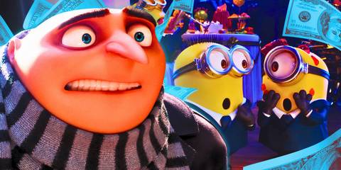 Gru and Minions in Despicable Me 4 with money flying