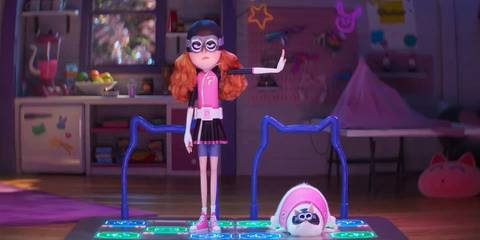 Poppy stands on the floor of a dance video game next to a white cat in Despicable Me 4