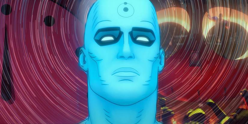 Doctor Manhattan over images from Watchmen