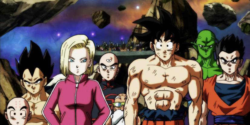 the Universe 7 team, featuring Krillin, Vegeta, Android 18, Tien, Roshi, Goku, Piccolo, and Gohan.