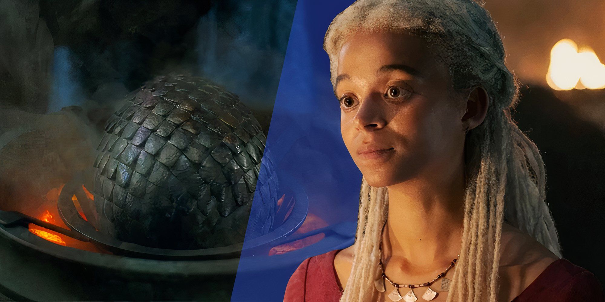 A dragon egg as seen in House of the Dragon next to Rhaena Targaryen