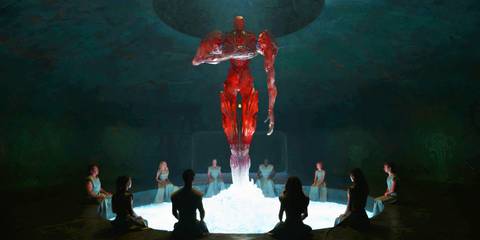 Earth's Eternals with Arishem's statue in Eternals