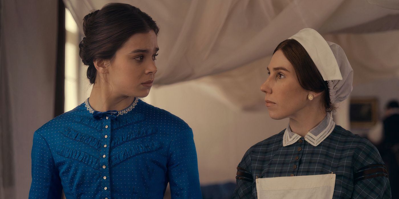 Emily Dickinson (Hailee Steinfeld) and Louisa May Alcott (Zosia Mamet) in a hospital tent in Dickinson season 3