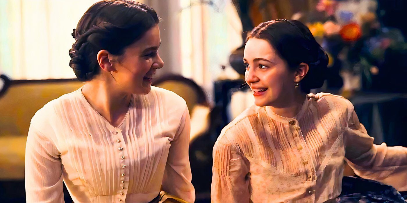 Emily Dickinson (Hailee Steinfeld) and Sue Gilbert (Ella Hunt) laughing together in Dickinson