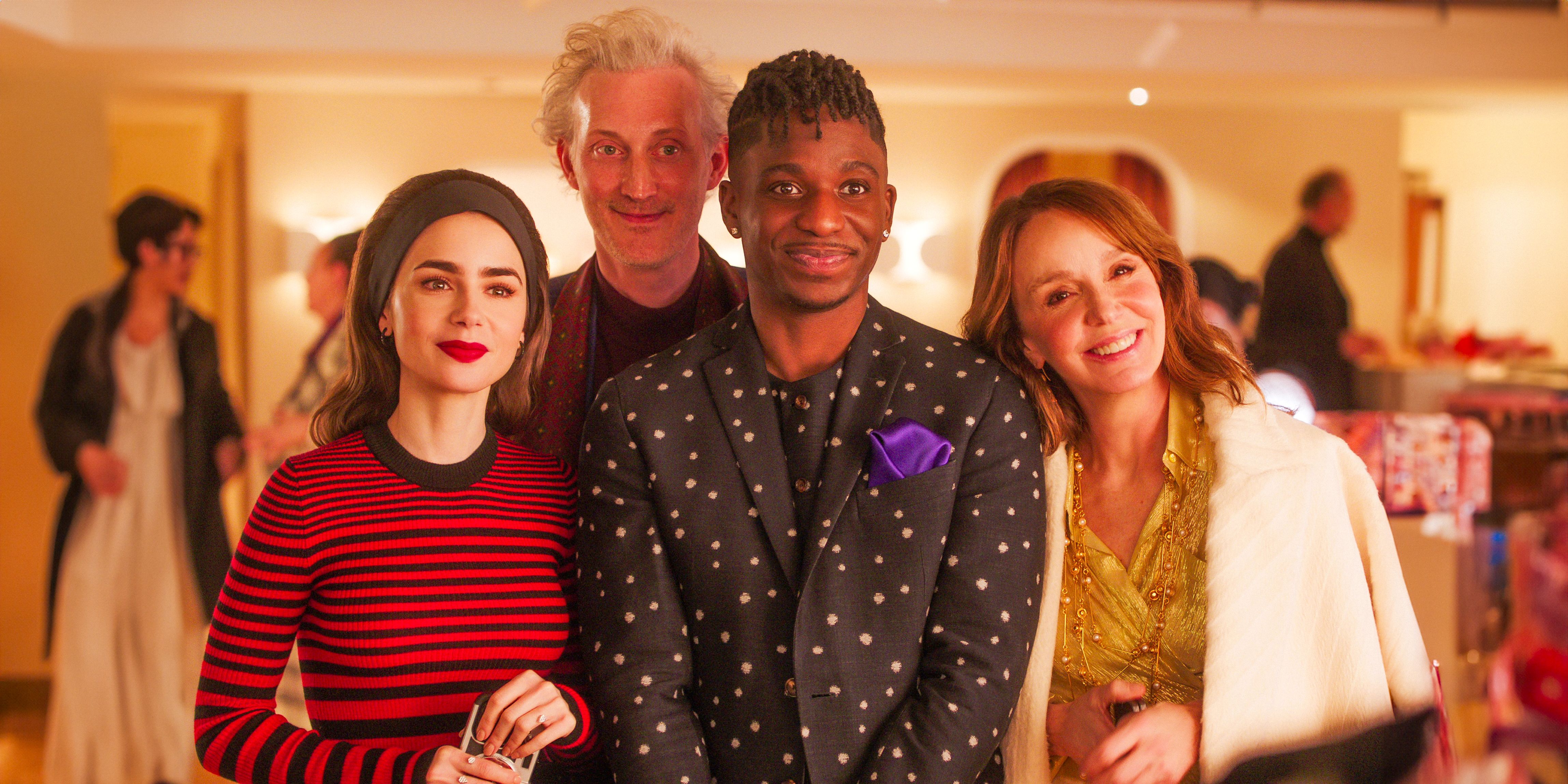 Emily (Lily Collins), Luc (Bruno Gouery), Julien (Samuel Arnold) and Sylvie (Philippine Leroy-Beaulieu) smiling in Emily in Paris season 4