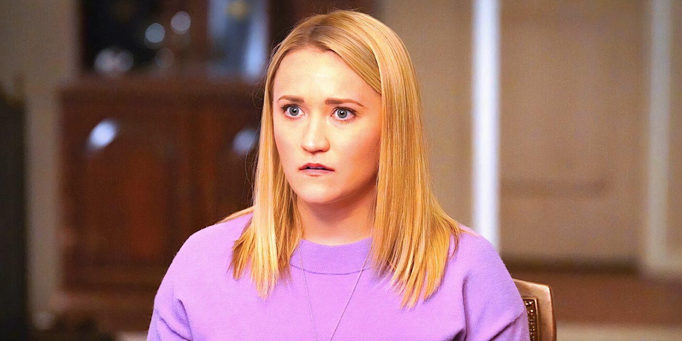 Emily Osment's Mandy looking stunned while seated in Young Sheldon