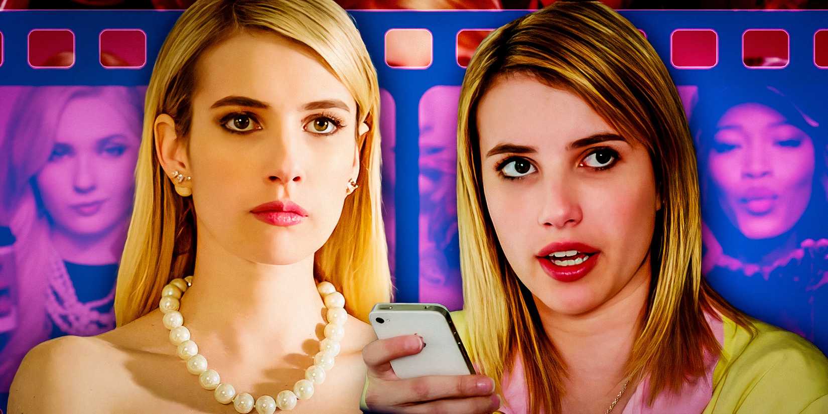 Emma Roberts em We're the Millers e Scream Queens sobreposto a um fundo de película de filme