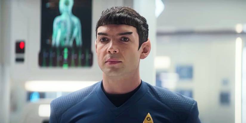 Ethan Peck as Spock standing in the medical bay in Star Trek Strange New Worlds season 3