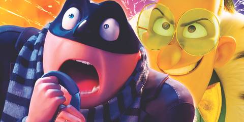 A composite image of Gru in a black mask screaming in front of Maxim le Mal looking determined in Despicable Me 4