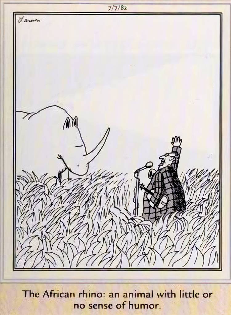 Far Side, July 7, 1982, a stand up comic out in the wild fails to make a rhino laugh