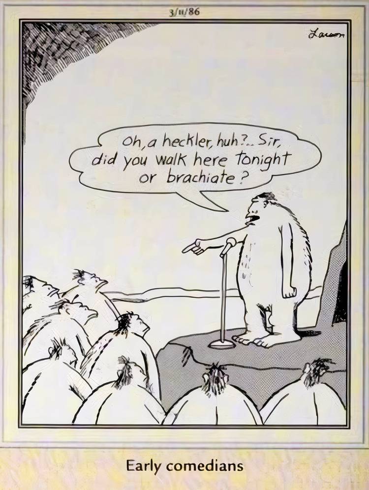 Far Side, March 11, 1986, prehistoric comedian dealing with a heckler