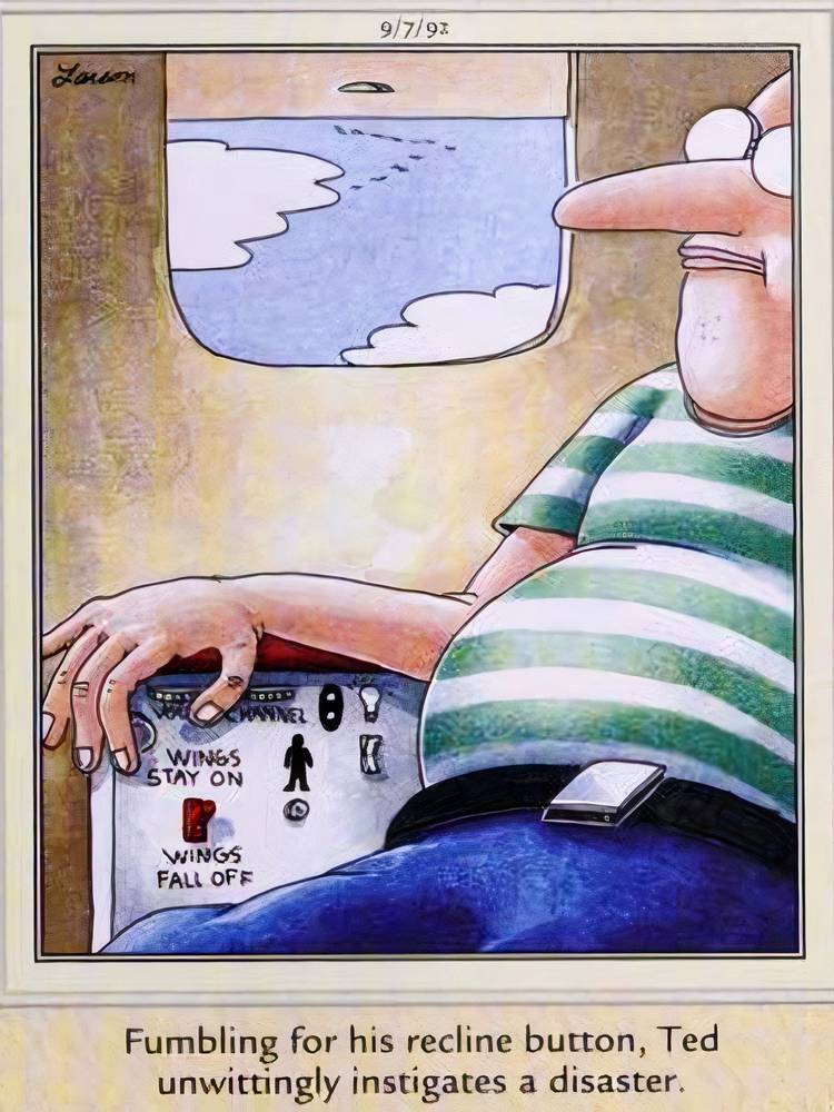 Far Side, September 7, 1992, an airplane passenger accidently flips the plane's 'wings off' switch