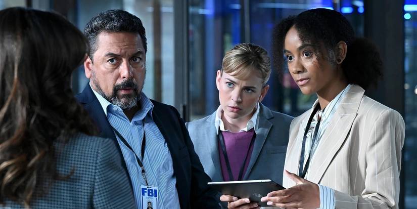 Matt Garza, Britt Robertson as Laura Stenson, and Michelle Nuñez as Elena Flores in The Rookie Feds looking serious