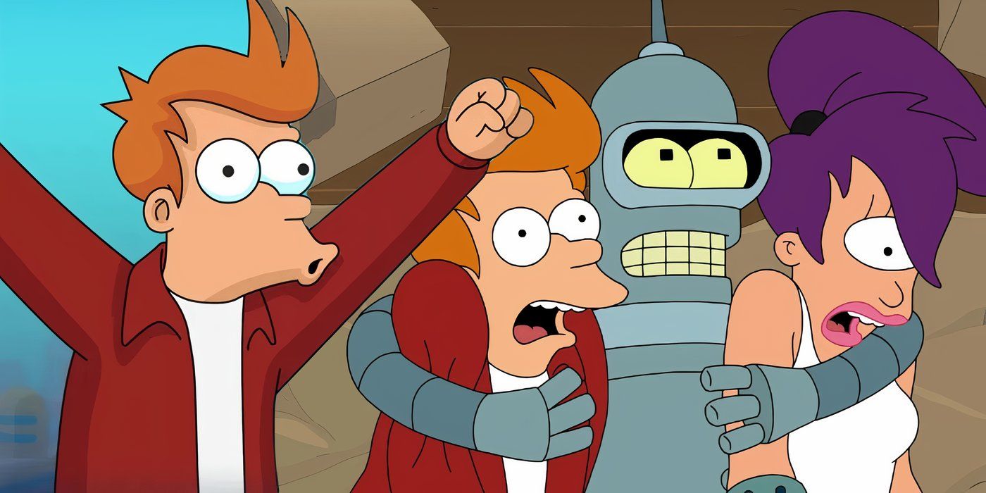 A composite image of Fry raising his arms in joy in front of Bender hugging Fry and Lita as they scream in Futurama