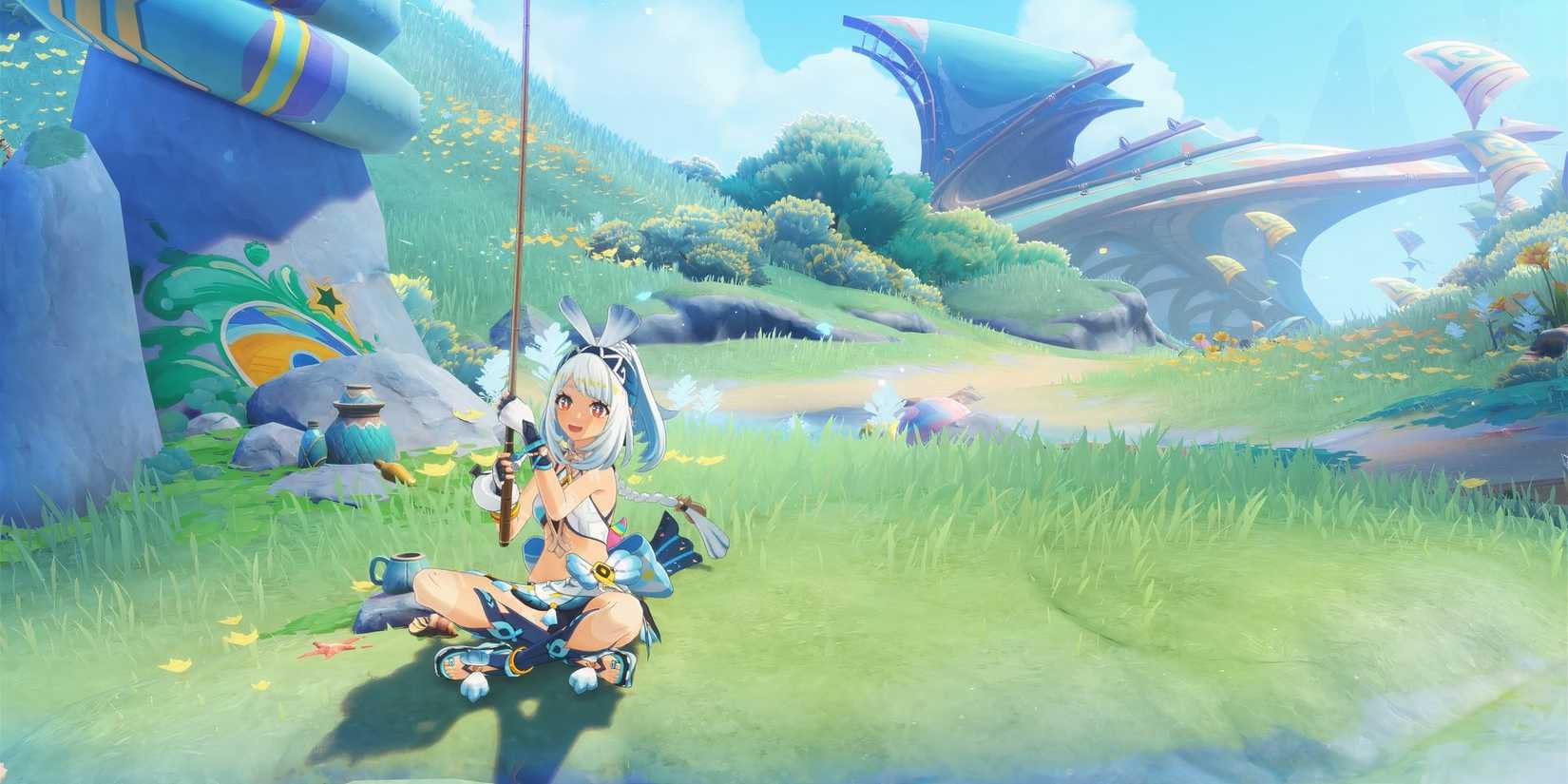 The character Hydro from Genshin Impact is fishing in Natlan.