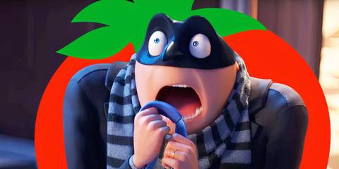 Gru screaming in Despicable Me 4 with a Rotten Tomatoes logo behind his head