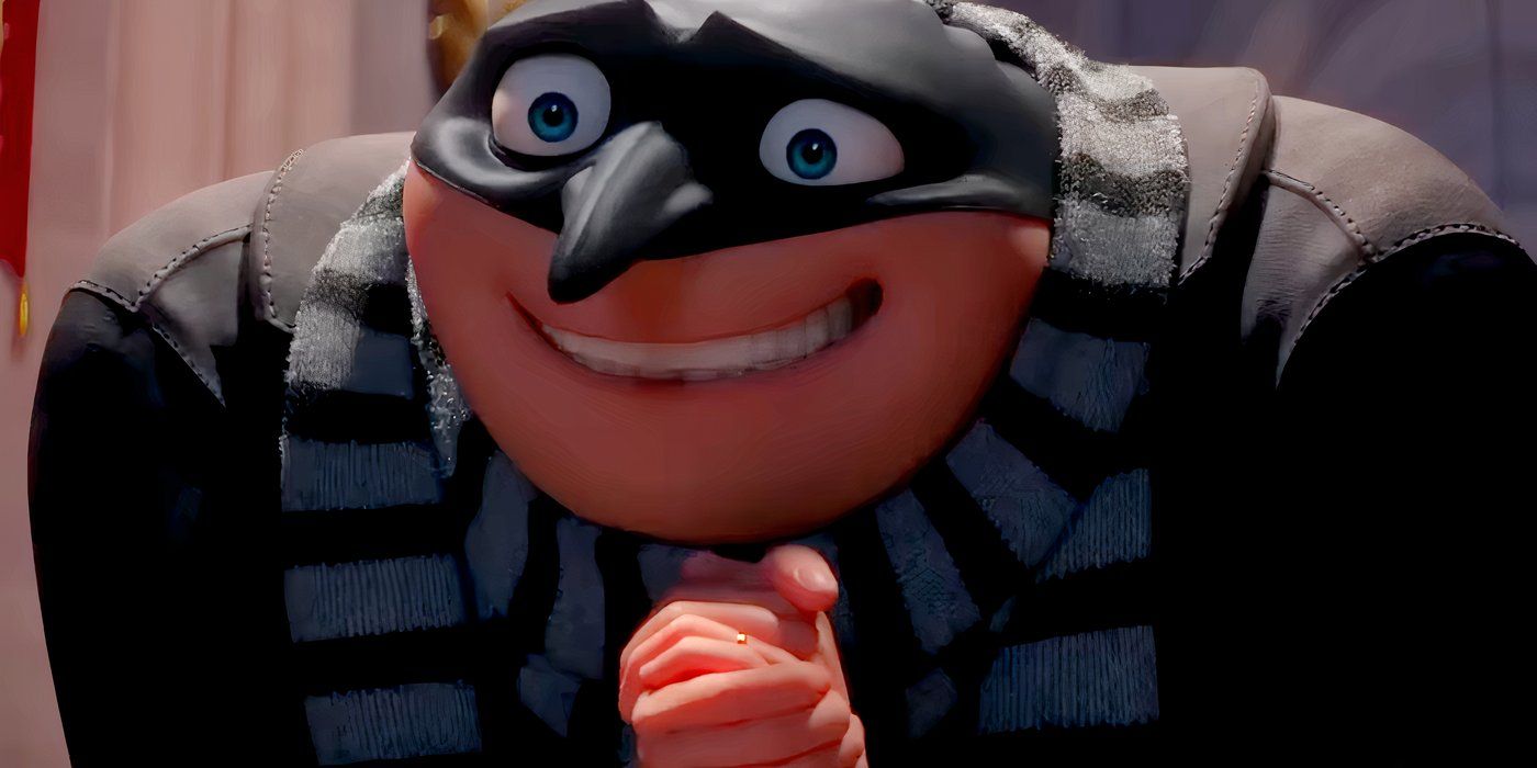 Gru wearing a black mask with a perplexed expression on his face