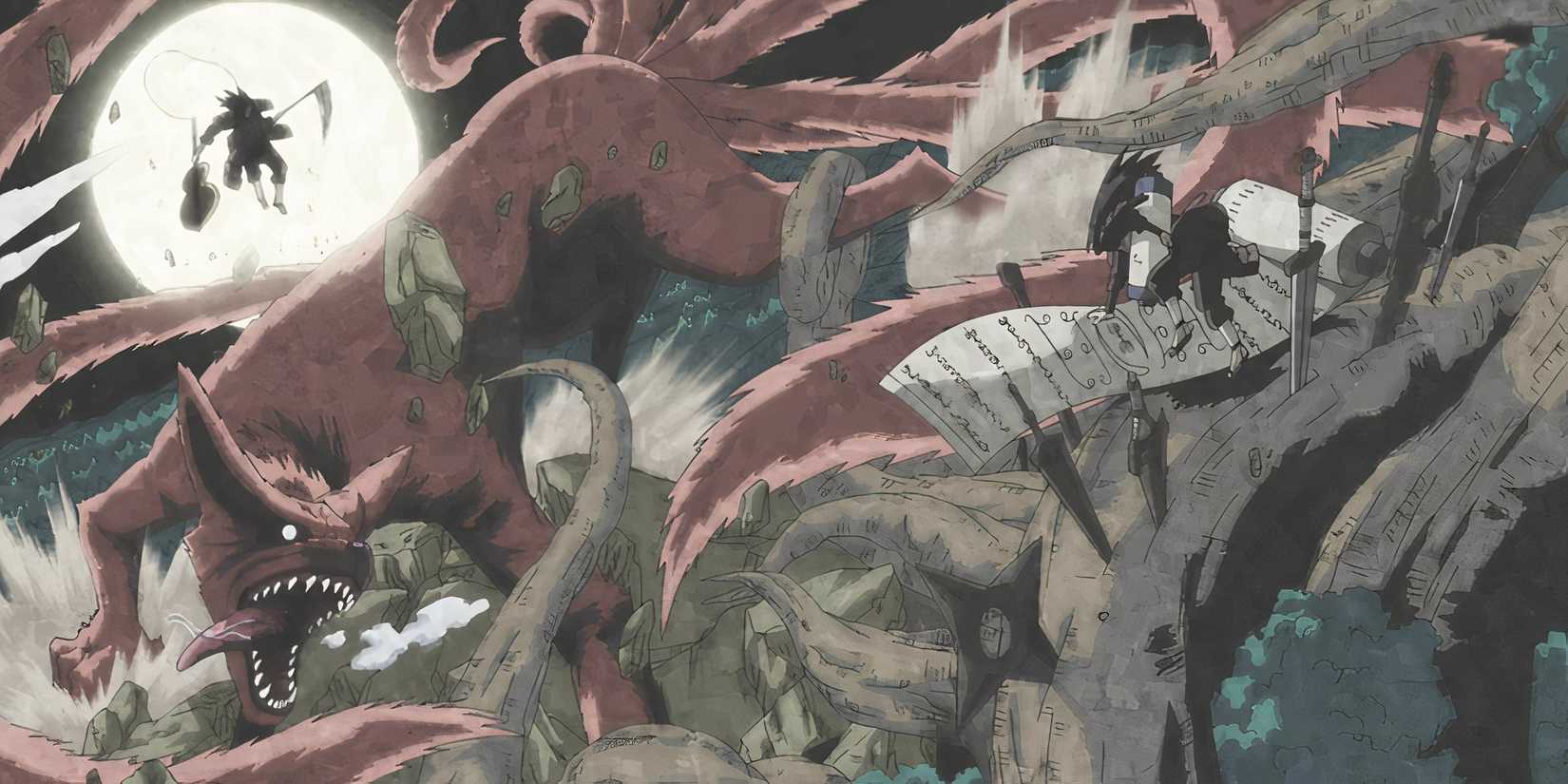 Every Tailed Beast & Jinchuriki In The Series 8 Colored manga panel from Naruto series shows First Hokage Hashirama using wood jutsu vs Madara illuminated by a full moon and Naruto's Nine Tails Kurama.