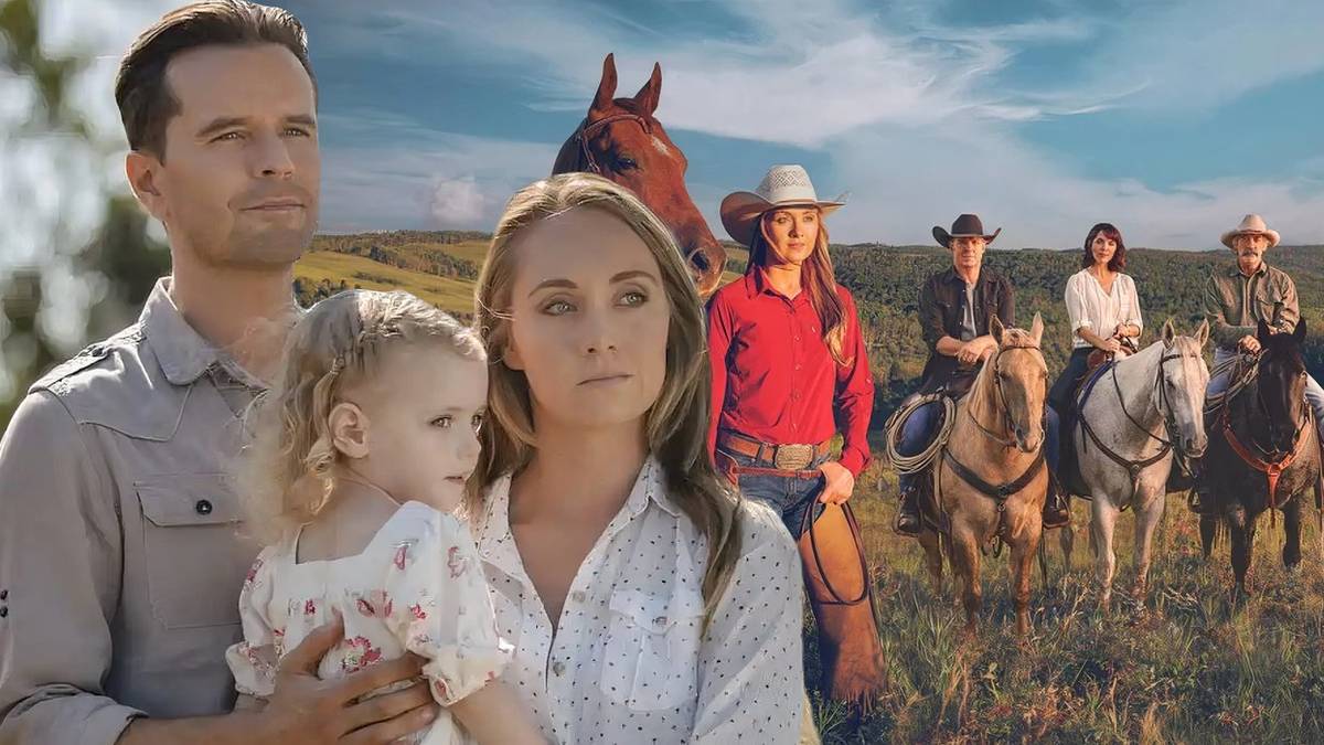 A composite image of Ty and Amy holding Lyndy in front of Amy leading her family on horseback in Heartland
